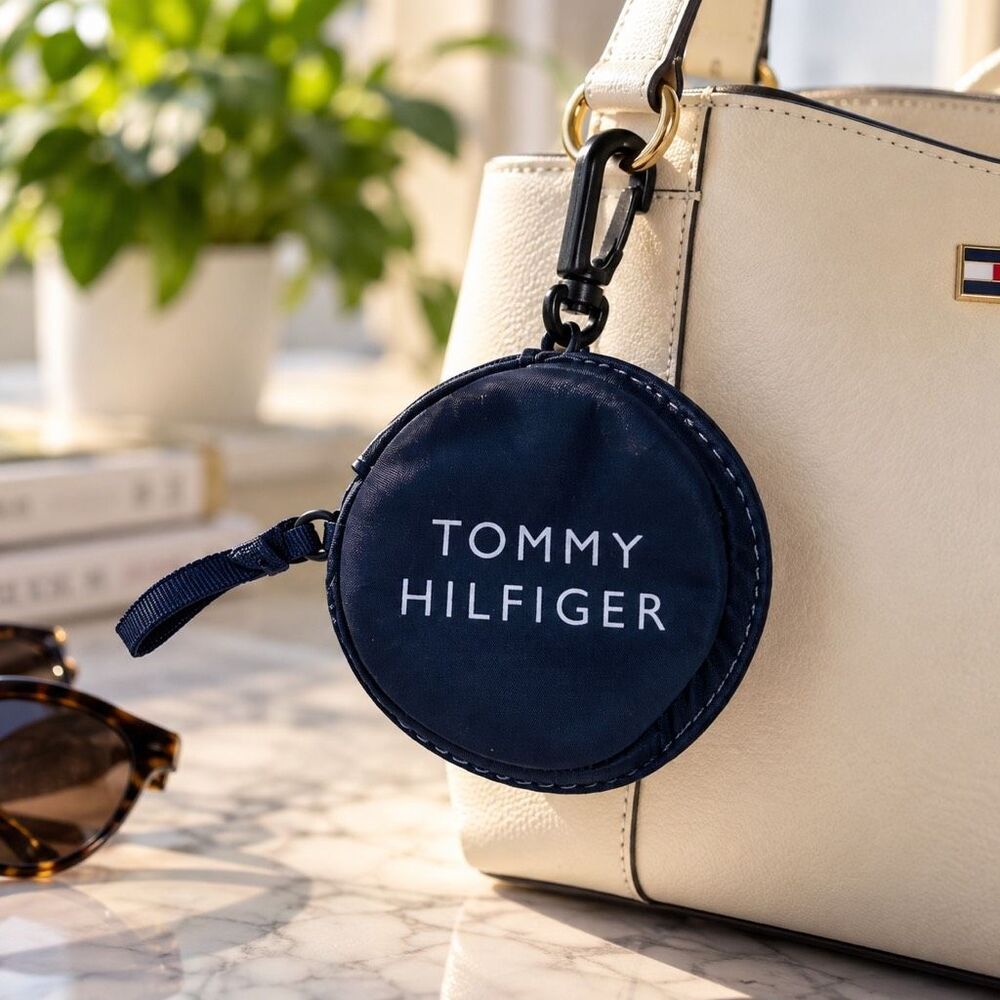 Tommy Hilfiger Navy Blue Round Coin Purse Zipper Wallet Keychain